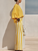 Women's Casual Resort Style Yellow Cotton-linen Round-neck, Three-quarter Sleeve T-shirt And Yellow-and-white Vertical Striped Wide-leg Pants Set ZMZ1553F1ZYY