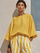 Women's Casual Resort Style Yellow Cotton-linen Round-neck, Three-quarter Sleeve T-shirt And Yellow-and-white Vertical Striped Wide-leg Pants Set ZMZ1553F1ZYY