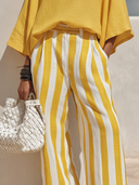 Women's Casual Resort Style Yellow Cotton-linen Round-neck, Three-quarter Sleeve T-shirt And Yellow-and-white Vertical Striped Wide-leg Pants Set ZMZ1553F1ZYY