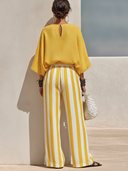 Women's Casual Resort Style Yellow Cotton-linen Round-neck, Three-quarter Sleeve T-shirt And Yellow-and-white Vertical Striped Wide-leg Pants Set ZMZ1553F1ZYY