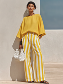 Women's Casual Resort Style Yellow Cotton-linen Round-neck, Three-quarter Sleeve T-shirt And Yellow-and-white Vertical Striped Wide-leg Pants Set ZMZ1553F1ZYY