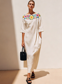 Women's Casual Vintage Embroidered Cotton-Linen Boat-Neck Short-Sleeve Loose Maxi Dress ZMZ1509F1ZYY