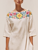 Women's Casual Vintage Embroidered Cotton-Linen Boat-Neck Short-Sleeve Loose Maxi Dress ZMZ1509F1ZYY
