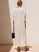 Women's Casual Vintage Embroidered Cotton-Linen Boat-Neck Short-Sleeve Loose Maxi Dress ZMZ1509F1ZYY