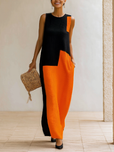 Women's Fashionable Color-Block Waffle-Knit Sleeveless Straight-Cut Maxi Dress ZMZ1660F7SWL