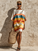 Women's Satin Crew Neck Rainbow Print Short-Sleeve Mini Dress ZMZ1651F1XT