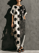 Women's Satin Polka-Dot Print Crew-Neck Short-Sleeve Maxi Dress ZMZ1693F7XT