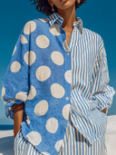 Women's Casual Cotton Linen Polka Dot Striped Collared Shirt ZMZ1692F3XT