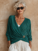 Women's Solid Color V-neck Crossover Design Long-sleeved T-shirt ZMZ1694F0XT
