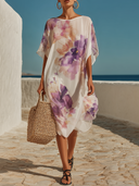 Women's Chiffon Floral Print Short-Sleeved Midi Dress ZMZ1663F6XT