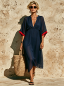 Women's Chiffon Stand-collar Color-blocked Short-sleeved Midi Dress ZMZ1623F6XT