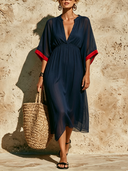 Women's Chiffon Stand-collar Color-blocked Short-sleeved Midi Dress ZMZ1623F6XT