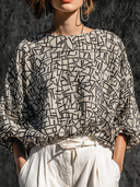 Women's Cotton-Linen Geometric Print Crew-Neck Long-Sleeve T-Shirt ZMZ1629F8XT