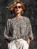 Women's Cotton-Linen Geometric Print Crew-Neck Long-Sleeve T-Shirt ZMZ1629F8XT