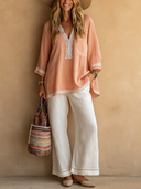Women's Elegant Cotton-Linen V-Neck Top With Lace Paneling And 3/4 Sleeves ZMZ1604F1SWL