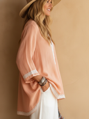 Women's Elegant Cotton-Linen V-Neck Top With Lace Paneling And 3/4 Sleeves ZMZ1604F1SWL