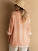 Women's Elegant Cotton-Linen V-Neck Top With Lace Paneling And 3/4 Sleeves ZMZ1604F1SWL