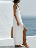 Women's Minimal Casual Style Premium Linen Deep V Sleeveless Front Slit Maxi Dress ZMZ1542F3YZH