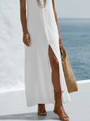 Women's Minimal Casual Style Premium Linen Deep V Sleeveless Front Slit Maxi Dress ZMZ1542F3YZH