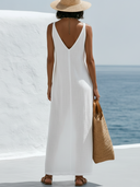 Women's Minimal Casual Style Premium Linen Deep V Sleeveless Front Slit Maxi Dress ZMZ1542F3YZH