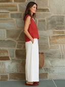 Women's Classic Two-Tone Collar Cotton-Linen Top And Wide-Leg Pants Set ZMZ1643F0SWL