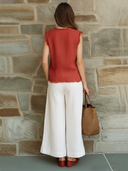 Women's Classic Two-Tone Collar Cotton-Linen Top And Wide-Leg Pants Set ZMZ1643F0SWL