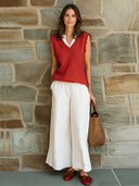 Women's Classic Two-Tone Collar Cotton-Linen Top And Wide-Leg Pants Set ZMZ1643F0SWL