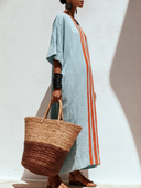 Women's Vacation Style Premium Linen Stripe V-Neck Kaftan Maxi Dress ZMZ1595F2YZH