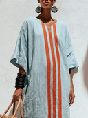 Women's Vacation Style Premium Linen Stripe V-Neck Kaftan Maxi Dress ZMZ1595F2YZH
