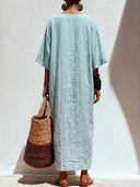 Women's Vacation Style Premium Linen Stripe V-Neck Kaftan Maxi Dress ZMZ1595F2YZH