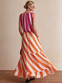 Women's Stylish Satin Color-Block Striped Sleeveless Maxi Dress ZMZ1672F2SWL
