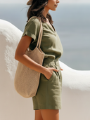 Women's Coastal Casual Style Premium Linen V-Neck Cuffed Sleeve Jumpsuit Shorts ZMZ1513F3YZH