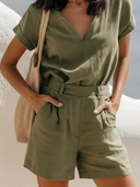 Women's Coastal Casual Style Premium Linen V-Neck Cuffed Sleeve Jumpsuit Shorts ZMZ1513F3YZH