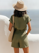 Women's Coastal Casual Style Premium Linen V-Neck Cuffed Sleeve Jumpsuit Shorts ZMZ1513F3YZH