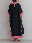 Women's Casual Retro Pink & Black Color-Block Round Neck, Short Sleeve, Loose Fit Cotton-Linen Midi Dress ZMZ1626F6ZYY