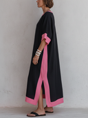 Women's Casual Retro Pink & Black Color-Block Round Neck, Short Sleeve, Loose Fit Cotton-Linen Midi Dress ZMZ1626F6ZYY
