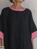 Women's Casual Retro Pink & Black Color-Block Round Neck, Short Sleeve, Loose Fit Cotton-Linen Midi Dress ZMZ1626F6ZYY