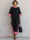 Women's Casual Retro Pink & Black Color-Block Round Neck, Short Sleeve, Loose Fit Cotton-Linen Midi Dress ZMZ1626F6ZYY