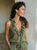 Women's Solid-Color Cotton-Linen Sleeveless V-Neck Ruffled Top ZMZ1689F1XT