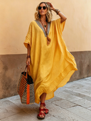 Women's Casual Resort-Style Flowy V-Neck Pleated-Texture Acetate Loose Maxi Dress ZMZ1650F2SWL