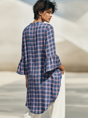 Women's Casual Vintage Cotton-Linen Plaid V-Neck Flared-Sleeve Shirt ZMZ1615F0ZYY