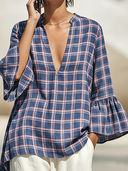 Women's Casual Vintage Cotton-Linen Plaid V-Neck Flared-Sleeve Shirt ZMZ1615F0ZYY