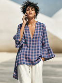 Women's Casual Vintage Cotton-Linen Plaid V-Neck Flared-Sleeve Shirt ZMZ1615F0ZYY