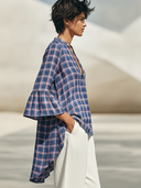 Women's Casual Vintage Cotton-Linen Plaid V-Neck Flared-Sleeve Shirt ZMZ1615F0ZYY