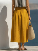 Women Premium Linen Elastic High Waist A Line Midi Skirt, Casual Solid Flowy Summer Vacation Skirt With Pockets ZMZ1527F5YZH