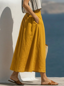 Women Premium Linen Elastic High Waist A Line Midi Skirt, Casual Solid Flowy Summer Vacation Skirt With Pockets ZMZ1527F5YZH