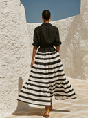 Women's Cotton-Linen Striped Print Color-Block Collared Maxi Dress ZMZ1619F6XT