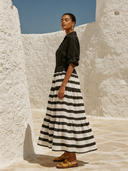 Women's Cotton-Linen Striped Print Color-Block Collared Maxi Dress ZMZ1619F6XT