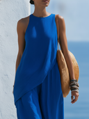 Women Premium Cotton Linen Two Piece Outfits Sleeveless Wrap Asymmetrical Top High Waist Wide Leg Pants Matching Set, Summer Beach Vacation Co-ord Sets ZMZ1617F6YZH