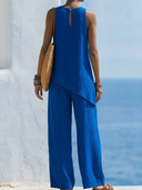 Women Premium Cotton Linen Two Piece Outfits Sleeveless Wrap Asymmetrical Top High Waist Wide Leg Pants Matching Set, Summer Beach Vacation Co-ord Sets ZMZ1617F6YZH